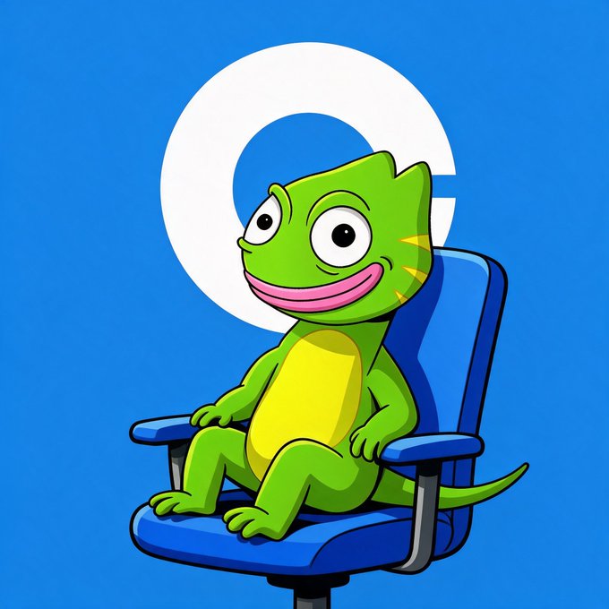 A cartoon illustration of a green frog-like character with a big smile sitting in a blue office chair against a blue background with a large white 'C' letter.