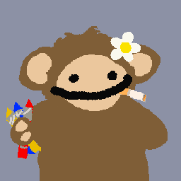 A pixel art illustration of a brown monkey with a daisy behind its ear, holding a colorful squiggly object and a cigarette.