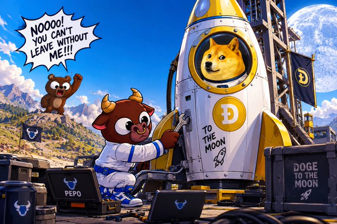 A digital illustration depicts a bull-headed character in a spacesuit working on a rocket labeled "TO THE MOON" with the Dogecoin logo, while a Doge dog looks out from the rocket window. A bear character in the background shouts "NOOOO! YOU CAN'T LEAVE WITHOUT ME!!" with crates marked "PEPO" and "DOGE TO THE MOON" nearby.