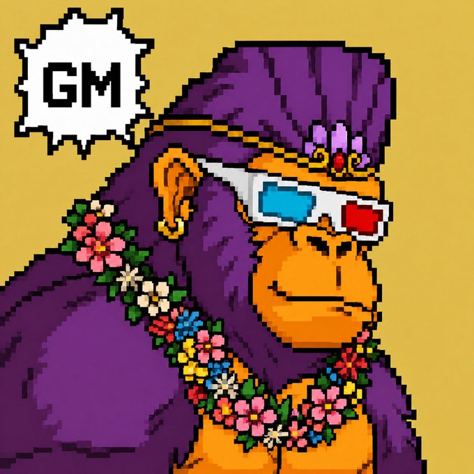 Pixel art image of a purple-haired character wearing 3D glasses and a flower lei, with a speech bubble saying "GM" (good morning).