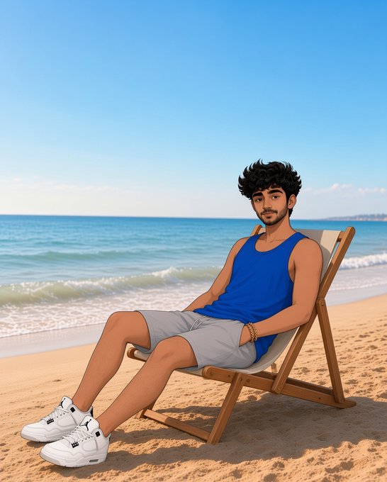 A cartoon-style illustration shows a young man with curly black hair and a beard, wearing a blue tank top and gray shorts, relaxing on a wooden beach chair by the ocean.