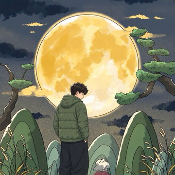 An anime-style illustration of a person in a green hoodie standing with their back to the viewer, looking out at a large glowing yellow moon framed by pine trees.