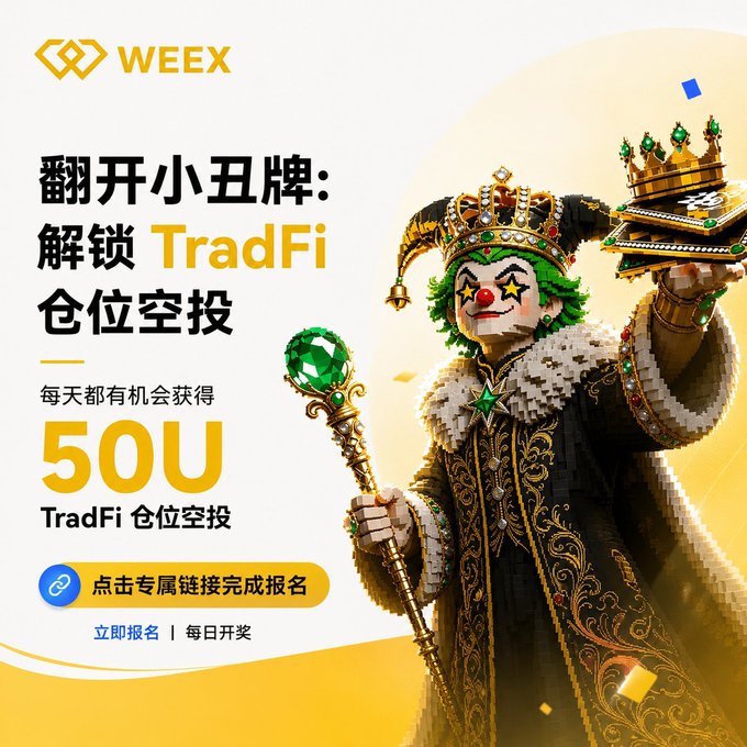 WEEX promotional ad in Chinese featuring a jester/king character, offering a TradFi airdrop with daily chances to win '50U' by clicking a registration link.