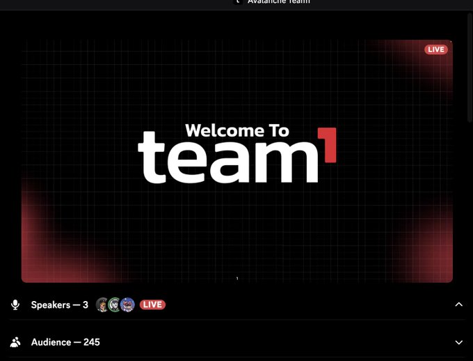The image shows a Team1 live stream titled "Welcome To team1" with 3 speakers and 245 audience members, illustrating the onboarding call mentioned in the post that welcomed 250 new collaborators to the Team1 ecosystem.