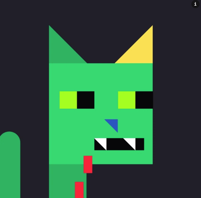 A simple pixel art illustration of a green cat or creature with yellow-tipped ears, rectangular black eyes, a blue triangular nose, and sharp white teeth on a dark background.