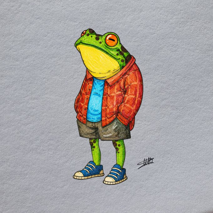 A hand-drawn illustration of an anthropomorphic green frog character wearing a red plaid jacket, blue shirt, gray shorts, and blue sneakers, standing against a gray background.