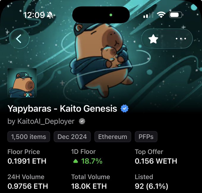A mobile screen displays the YapYbaras - Kaito Genesis NFT collection page on what appears to be a marketplace, showing a floor price of 0.1991 ETH with an 18.7% increase in the last day, and 24H volume of 0.9756 ETH—reflecting the post's mention of "yappybara pumping."