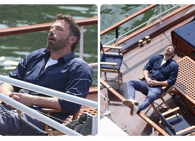 Two photos of Ben Affleck appearing to sleep on a yacht, dressed in a navy blue shirt and pants, lounging in director's chairs on a wooden deck.