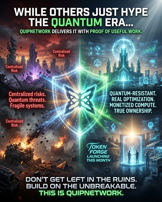 A promotional poster for QuipNetwork advertising 'QUANTUM-RESISTANT' technology and 'TOKEN FORGE LAUNCHING THIS MONTH', with text contrasting 'Centralized Risk' against 'TRUE OWNERSHIP'.