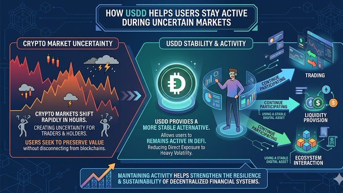The image presents a complex illustration of how cryptocurrency market instability affects users' experience. At the top of the image, there are three arrows pointing downwards. This suggests that the cryptocurrency market is experiencing fluctuations or a downward trend, which can impact users who have invested in this digital asset. The following sections describe different strategies users might employ to protect their assets during such uncertain times:
1. Using USDD (Uncertainty Dancing Technique) - A technique where users buy or sell cryptocurrency at specific moments when the market appears unstable to minimize potential losses.
2. Hedging against price fluctuations - Users can use financial instruments like options, futures, or exchange-traded funds to hedge against market risks and protect their investments.