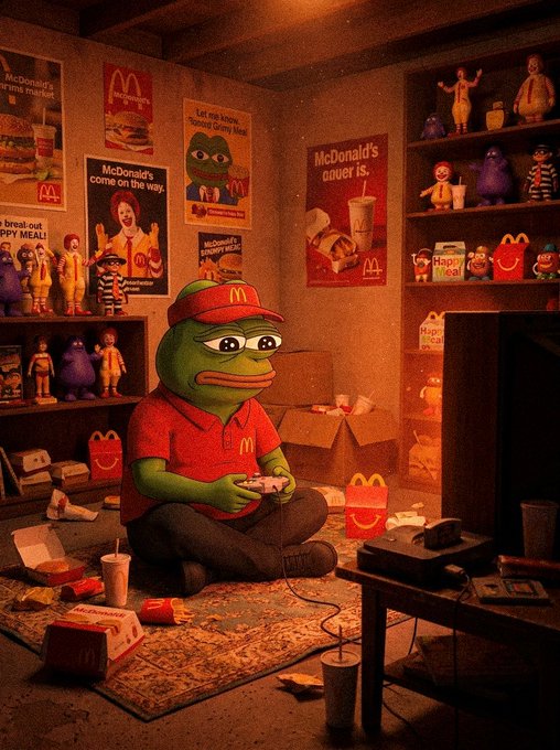 A nostalgic, warmly lit scene of a Pepe the Frog character dressed as a McDonald's employee playing a video game in a room heavily decorated with vintage McDonald's posters, toys, and Happy Meal boxes.