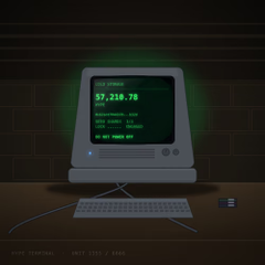 A retro-style illustration of an old computer monitor displaying a green terminal screen showing financial figures including '$7,210.70' and 'NET PROFIT: 64%'.