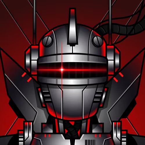 A stylized digital illustration of a futuristic, armored helmet or robot head with a glowing red visor and metallic features against a dark red background.