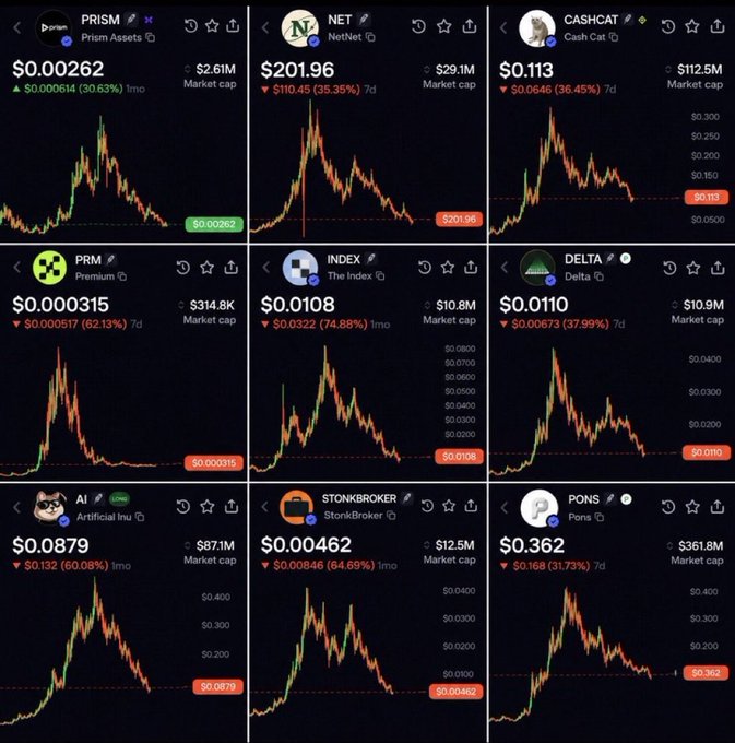 A grid of nine cryptocurrency price charts showing significant losses, including PRISM ($0.00262, -30.63%), NetNet ($201.96, -35.35%), CashCat ($0.113, -36.45%), Premium, The Index, Delta, Artificial lru, StonkBroker, and Pons, all displaying steep downward price action.