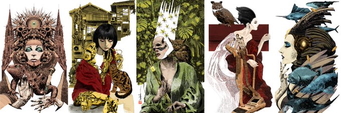 A horizontal collage of five detailed illustrations in a Japanese-influenced style featuring women, owls, fish, and ornate backgrounds.