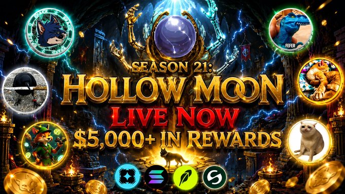 A promotional banner reading 'SEASON 21: HOLLOW MOON LIVE NOW $5,000+ IN REWARDS' featuring various NFT-style character images around a central glowing orb.