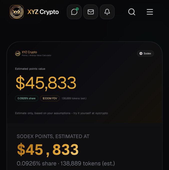 The image displays a dark-themed dashboard from XYZ Crypto showing an estimated $45,833 airdrop value for the SodeX token, calculated at 0.0926% share of a $330M FDV with 138,889 tokens. The screenshot corresponds with the post highlighting the community's substantial estimated SodeX airdrop valuation, which users can verify through the linked share tool on xyzcrypto.io.