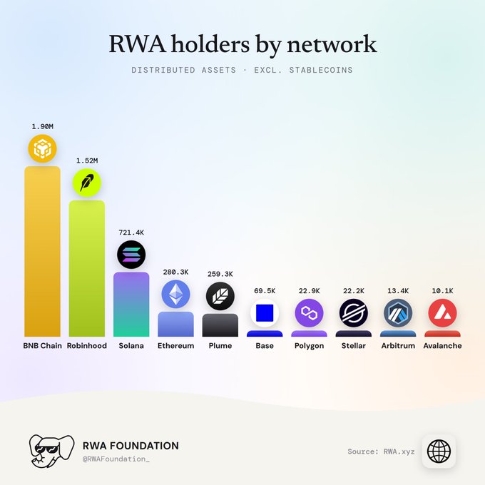 A bar chart titled "RWA holders by network" (excluding stablecoins) shows BNB Chain leading with 1.90M holders, followed by Robinhood (1.52M), Solana (721.4K), Ethereum (280.3K), Plume (259.3K), and several others, sourced from RWA.xyz and posted by RWA Foundation.