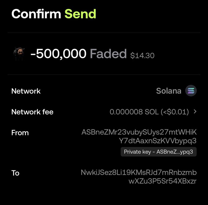 A crypto wallet 'Confirm Send' screen showing a transaction of 500,000 Faded tokens ($14.30) on the Solana network, with wallet addresses and a private key visibly exposed.
