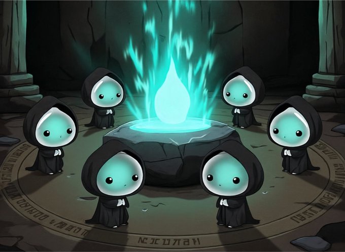 A cartoon illustration of seven small hooded figures with glowing white faces standing in a circle around a stone altar with a bright cyan flame in a dark chamber with runes on the floor.