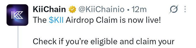A tweet from KiiChain (@KiiChainio) announces that the $KII Airdrop Claim is now live, encouraging users to check their eligibility. The tweet aligns with the post's message about the active airdrop claim and Bybit listing, featuring the KiiChain logo and username with a verification badge.