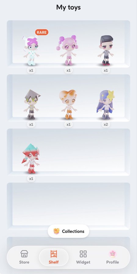 A mobile app interface titled 'My toys' displaying a collection of small chibi-style figurines in various colors, with navigation tabs at the bottom for 'Store', 'Shelf', 'Widget', and 'Profile'.