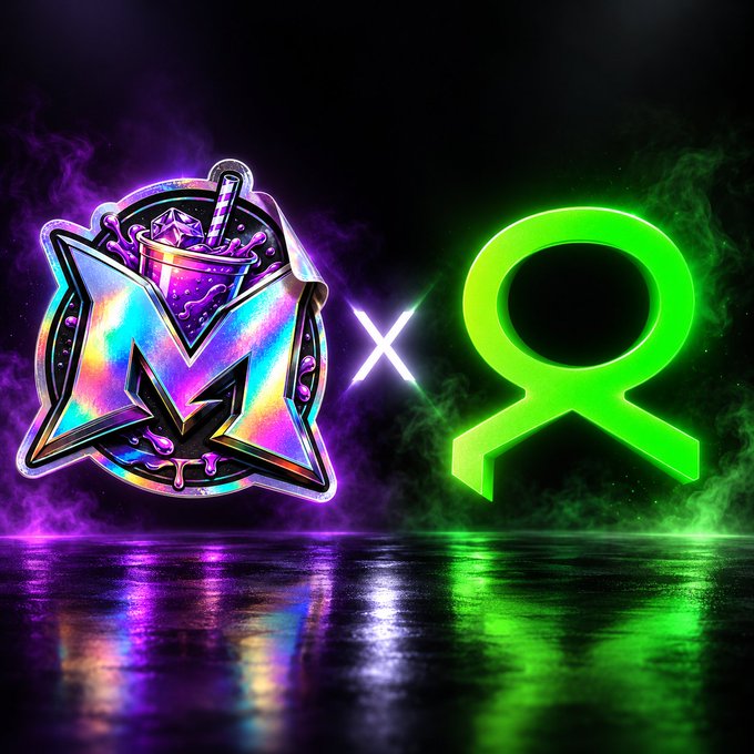 A stylized graphic features two gaming/streaming logos facing off with an 'X' between them: a holographic purple star-shaped emblem with a drink cup on the left, and a bright green circular symbol on the right, set against a smoky dark background.