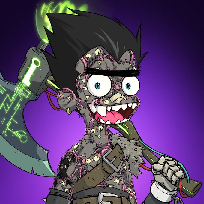 A monstrous, mutated cartoon warrior with wild black hair, bulging eyes, and a body covered in parasitic eyeballs wields a glowing green energy scythe, grinning maniacally at the camera. The grotesque yet playful character perfectly embodies the post's energetic "GM, heroes! Say CHEESE!" greeting, turning the cheery crypto meme into a hilariously horrifying snapshot.