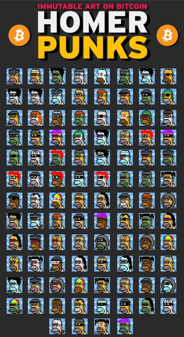 A promotional image titled 'IMMUTABLE ART ON BITCOIN - HOMER PUNKS' displaying a grid of 100 pixel-art character variations styled after Homer Simpson with various features and colors.