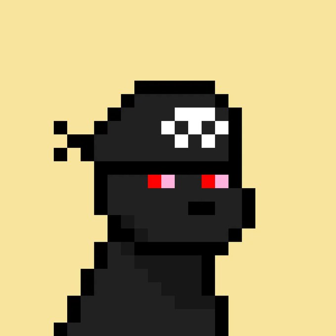 A pixel art illustration of a black character with a skull design on its hood and glowing red eyes, set against a pale yellow background.