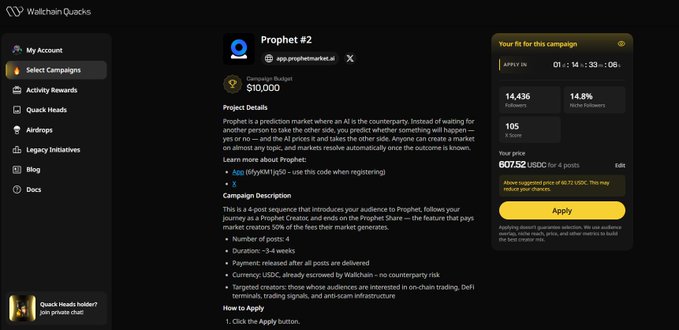 Walchain Quacks platform interface showing 'Prophet #2' campaign details with a $10,000 campaign budget, 607.52 USDC pricing for 4 posts, and an Apply button, alongside activity metrics like 14,436 followers and 14.8% active members.