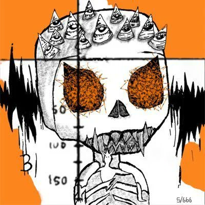 A hand-drawn illustration of a skull with party hats on top, set against an orange background with a measurement scale overlay; marked '5/666'.