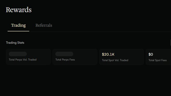 A dark-themed dashboard showing a "Rewards" page with Trading and Referrals tabs, displaying Trading Stats including "Total Perps Vol. Traded", "Total Perps Fees", "$20.1K Total Spot Vol. Traded", and "$0 Total Spot Fees".