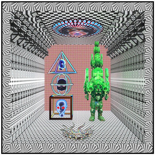The image features a room with a large, colorful geometric patterned wall that has a checkerboard design. In front of the wall, there are three objects - two sculptures and one green robot figure. The first sculpture is blue and white, while the second is red and black. The third object is green and yellow. The room also contains a spider web in the bottom right corner. The image includes text that reads "Collected on Tezos!".