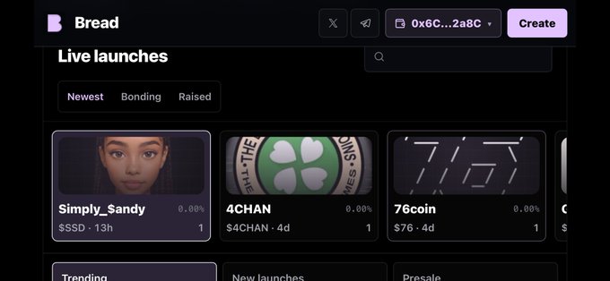 A screenshot of the 'Bread' cryptocurrency launchpad website showing 'Live launches' including 'Simply_Sandy' ($$SD), '4CHAN' ($4CHAN), and '76coin' ($76), with a 'Create' button in the top right.