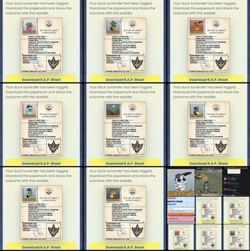 A grid of nine images displays various NFTs labeled "Download E.A.P. Sheet," featuring pixel-art duck characters in the style of the "Swept Ducks" collection, with text indicating a logged bounty and outcome for each submission. The collage visually supports the tweet's theme of "turning in" ducks for bounties, tying into the post's joke about locking up ducks and referencing the "Sweep 2 Ducks" and "@OGYuckyDuck" promotion.