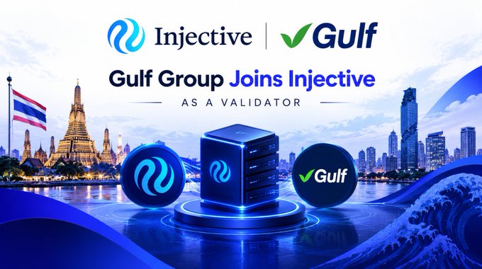 Promotional graphic showing 'Injective' and 'Gulf' logos with the text 'Gulf Group Joins Injective AS A VALIDATOR' against a backdrop featuring a Thai temple and modern city skyline.