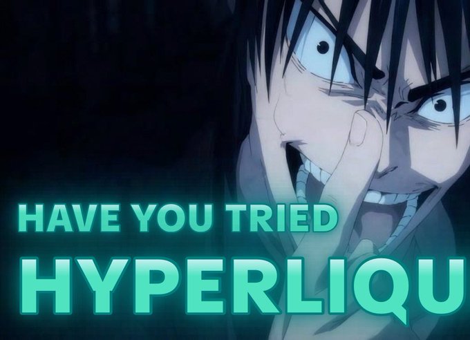 An anime meme featuring an intense, grinning character with the text 'HAVE YOU TRIED HYPERLIQUID' overlaid.