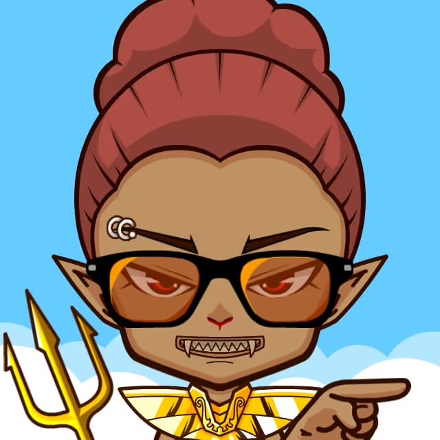 A chibi-style cartoon character with dark skin, red hair tied in a bun, pointed ears, sunglasses, and sharp fangs points to the side while holding a golden trident.