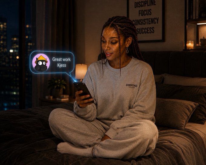 A woman in gray 'ESSENTIALS' sweatpants sitting on a bed looking at her phone, which displays a notification bubble reading 'Great work Kjess' with a cartoon avatar, while a 'DISCIPLINE FOCUS CONSISTENCY SUCCESS' poster hangs in the background.