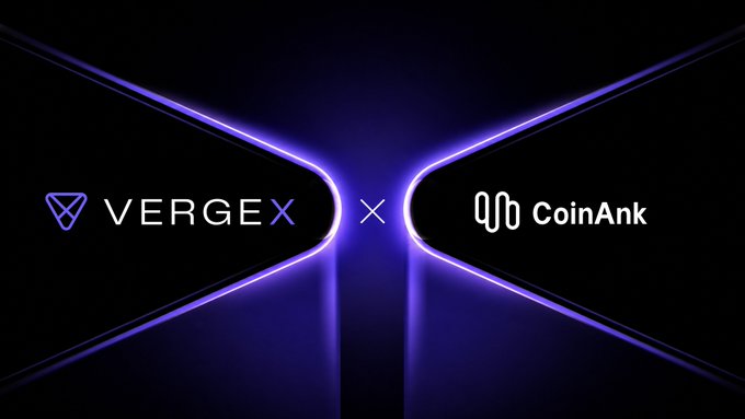 The image is a promotional collaboration graphic featuring the logos of "VERGEX" (with a triangular V-shaped icon) and "CoinAnk" (with a stylized audio wave icon), separated by an "×" symbol. The two logos are framed by symmetrical purple and white angled lines against a dark background, visually representing the partnership between the two platforms as data and execution layers in modern trading.