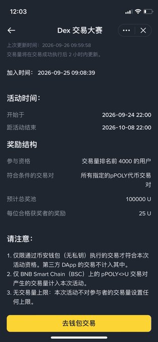 A mobile screenshot in Chinese detailing a 'Dex 交易大赛' (Dex Trading Competition) event, showing dates from September 2026, a 100,000 U prize pool, and rewards for trading pPOLY on BSC.