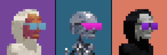 Three pixelated portrait figures side by side—one with white hair and blue glasses on purple, one silver/chrome with pink glasses on teal, and one black with purple glasses on orange.