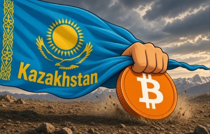 The image shows the Kazakhstan flag (featuring a sun, eagle, and traditional ornamentation with the word "Kazakhstan" in yellow text) being grasped by a hand alongside an orange Bitcoin coin, set against a dramatic mountain landscape—symbolically representing Kazakhstan's stance on cryptocurrency regulation. This visual directly ties to the post's news about Kazakhstan's proposed 3-year tax exemption on crypto gains through regulated platforms from 2026-2028.