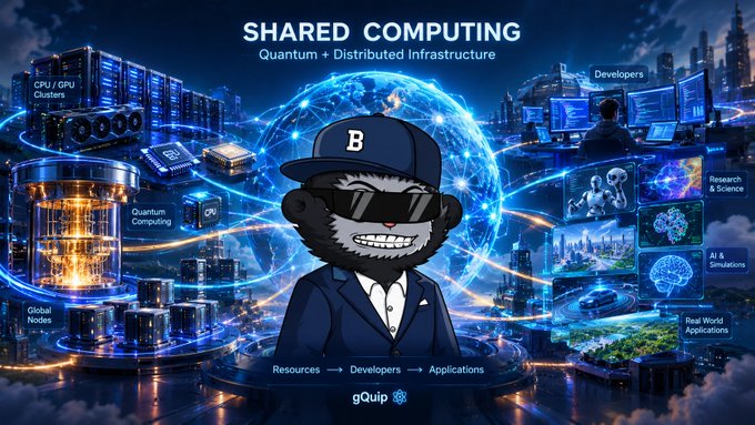 A promotional banner for 'gQuip SHARED COMPUTING' featuring a cartoon bear in a cap and sunglasses surrounded by illustrations of quantum computing, AI, and robotics.
