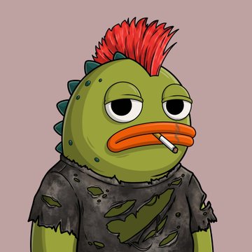 A cartoon illustration of a green reptilian or duck-like character with a red mohawk, droopy eyes, an orange beak, and a cigarette in its mouth, wearing a tattered black shirt.