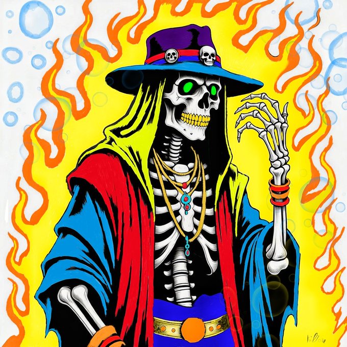 A vibrant, stylized illustration of a skeleton wearing a wide-brimmed purple hat adorned with skulls, a red and blue robe, and gold jewelry, set against a background of yellow and orange flames.