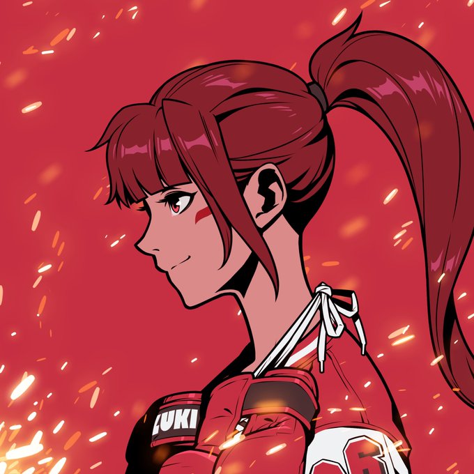 Anime-style red-themed illustration of a girl with a high ponytail in profile, wearing a red "YUKI" racing suit, with sparks/embers floating in the background.