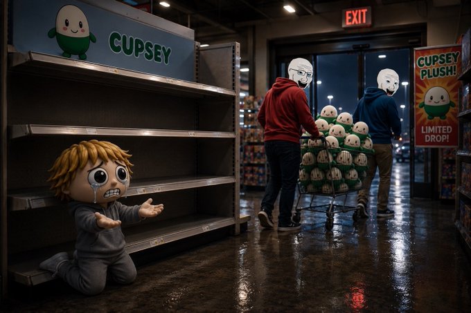 An empty store shelf with a crying "CUPSEY" character kneels in despair as two shoppers wearing "CUPSEY" masks stock up on a shopping cart full of Cupsey plush toys near a "LIMITED DROP!" sign, illustrating the post's warning about normie-driven demand and hype around the $CUPSEY project.