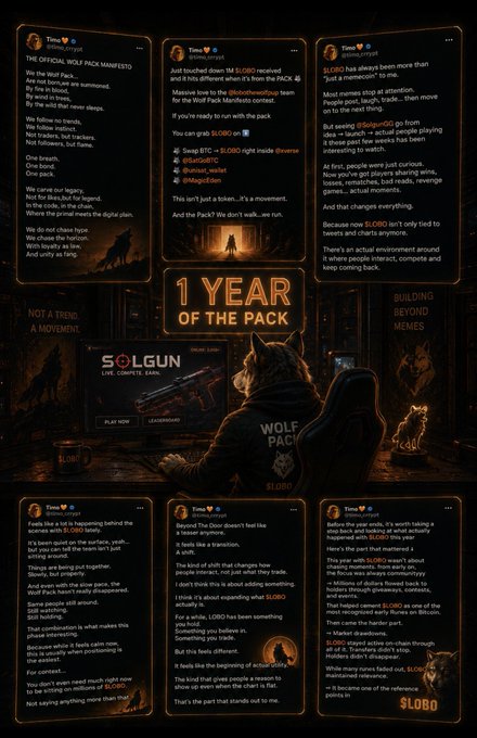 The image features a poster with a list of posts made by users named "Tye" and "Wolf Pack". The poster also includes a photo of a person wearing a black jacket sitting at a computer desk, typing something into a computer. The text on the poster reads "It's honestly crazy looking back and realising it’s been over a year since I joined the Wolf Pack", which suggests that the poster is promoting an event or milestone related to the Wolf Pack community.